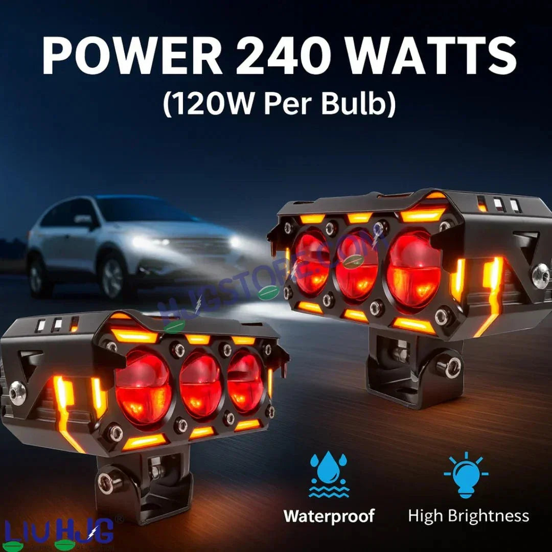 HJG New 240W Future Eyes Ring DRL 3 LED Projector Foglight with Wiring Harness Kit Red DRL/Amber Ring/White/Yellow Light 240W Foglight Ultra Wide Dual Intensity LED Driving Fog Lights Universal For All Cars & Bikes LIU HJG Ring 3 Lens Fog with Wiring Kit - Biker.Store - www.biker.store