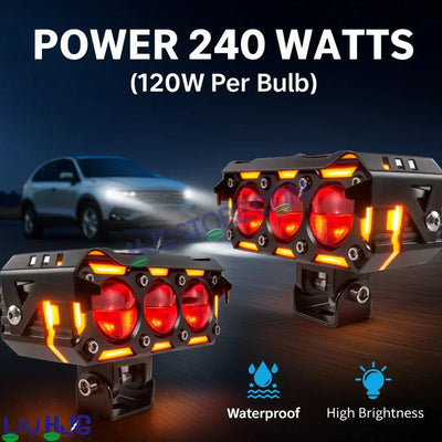 HJG New 240W Future Eyes Ring DRL 3 LED Projector Foglight with Wiring Harness Kit Red DRL/Amber Ring/White/Yellow Light 240W Foglight Ultra Wide Dual Intensity LED Driving Fog Lights Universal For All Cars & Bikes LIU HJG Ring 3 Lens Fog with Wiring Kit - Biker.Store - www.biker.store