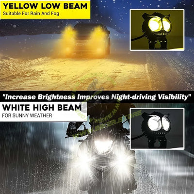 MOTO GENIUS 40W OWL Shape LED Fog Light | Dual Color & | Low & High Beam | Universal Fit for Car & Motorcycle | Stylish Projector Lamp Design - Biker.Store - www.biker.store