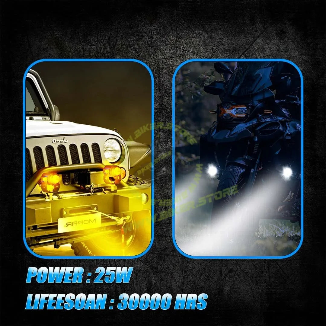 MOTO GENIUS 2PCS 25W Fog Light Projectors | 50W Total Power | Dual Beam Hi/Lo | White + Yellow LEDs | IP67 Waterproof | Universal for Car, Motorcycle, Scooter | Pack of 2 - Biker.Store - www.biker.store