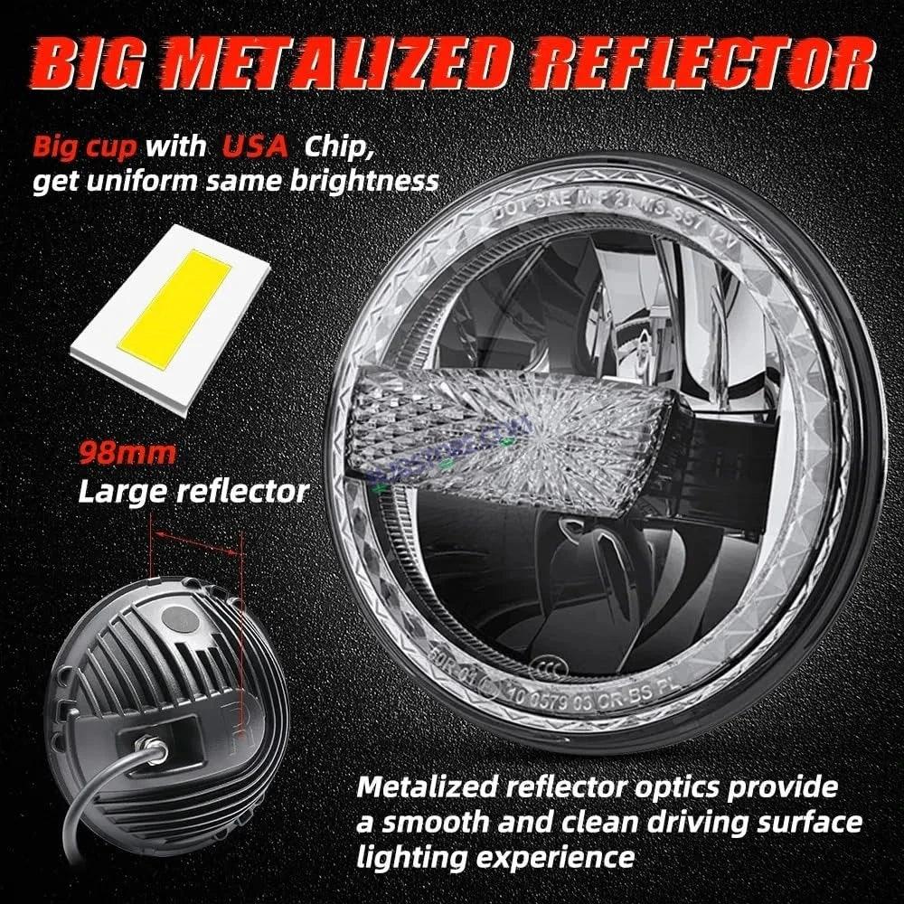 HJG Crystal Minus 7 Inch Headlight Assembly White LED Headlight Minus Crystal Headlight Assembly for Thar Royal Enfield | 75-120W CREE/Osram LED Chip Multi color High/Low Beam, DRL Compatible with Royal Enfield, Jeep, Thar, Gypsy - Biker.Store - www.biker.store