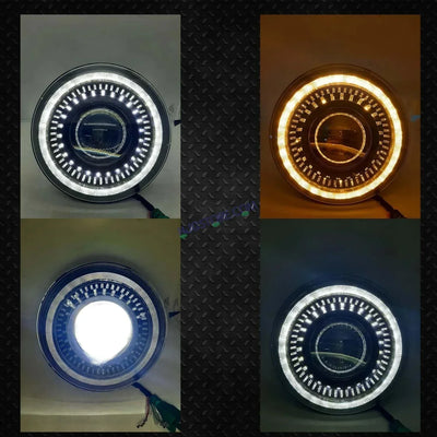 HJG 7 Inch White LED Headlight Chakra V1 Headlight Assembly for Thar Royal Enfield | 75-120W CREE/Osram LED Chip Multi color Compatible with Royal Enfield, Jeep, Thar, Gypsy - Biker.Store - www.biker.store