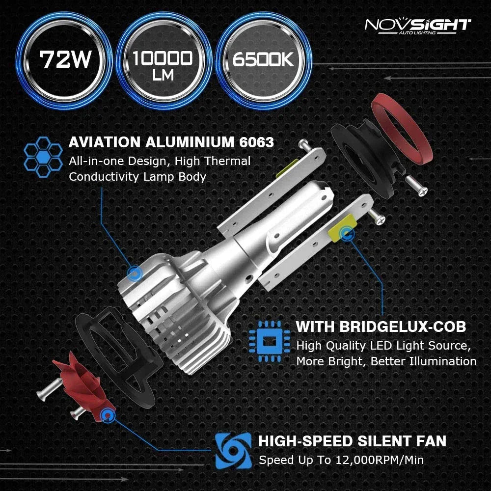 NightEye Novsight H11/H8/H9/H16(JP) led headlight kits (pack of 2)- Bridgelux-cob led chips - 72w 10000 Lumens 6500k white - headlight/fog light conversion kit - Biker.Store - www.biker.store