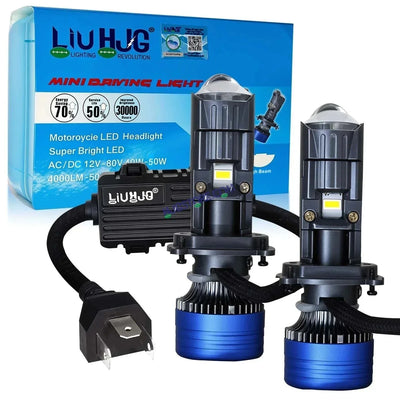 HJG H4 New Dual Y6 Condenser RTD Lens Dual Projector Lens Projector Lens LED Headlight Bulb for car | Hi/Lo Beam Headlight 12V-80V | 100W | 10000LM | 3 Pin Projector H4 Headlight with Fan | LIU HJG New Dual Y6 Condenser RTD Projector Lens H4 (Pack of 2) - Biker.Store - www.biker.store