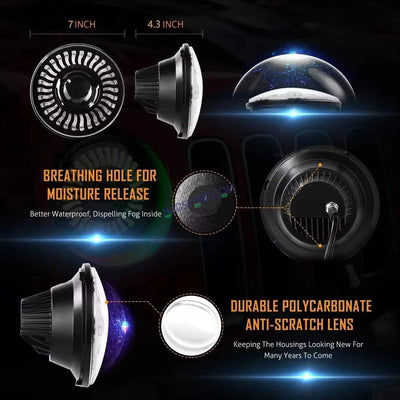 HJG 7 Inch White LED Headlight Chakra Headlight Assembly for Thar Royal Enfield | 75-120W CREE/Osram LED Chip Multi color Compatible with Royal Enfield, Jeep, Thar, Gypsy - Biker.Store - www.biker.store
