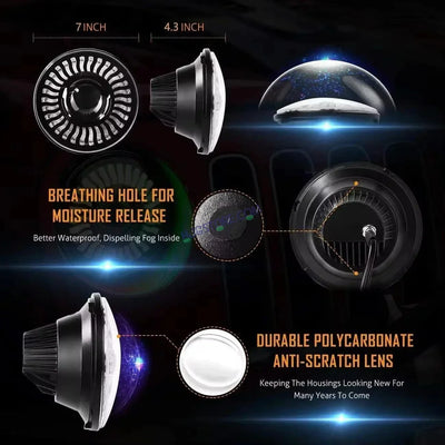 HJG 7 Inch RGB LED Headlight Assembly | 75-120W CREE/Osram | Multicolor Compatible with Royal Enfield, Jeep, Thar, Gypsy - Biker.Store - www.biker.store