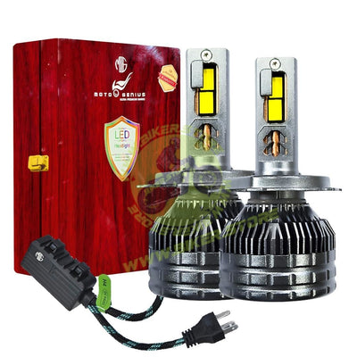 MOTO GENIUS Super Bright 400W LED Headlight Conversion Kit for Car & Bike | Waterproof, Energy-Efficient, Steel & Aluminium Build, Dual Beam, Premium Wooden Box Packaging (H4, Pack of 2) - Biker.Store - www.biker.store