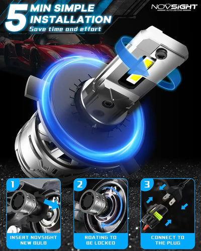 NightEye NOVSIGHT H4/9003/HB2 LED Headlights Bulbs, 60W High Low Beam LED Headlights Conversion Kit, 6500K White, Plug and Play Easy Installation Halogen Replacement, Pack of 2 - Biker.Store - www.biker.store