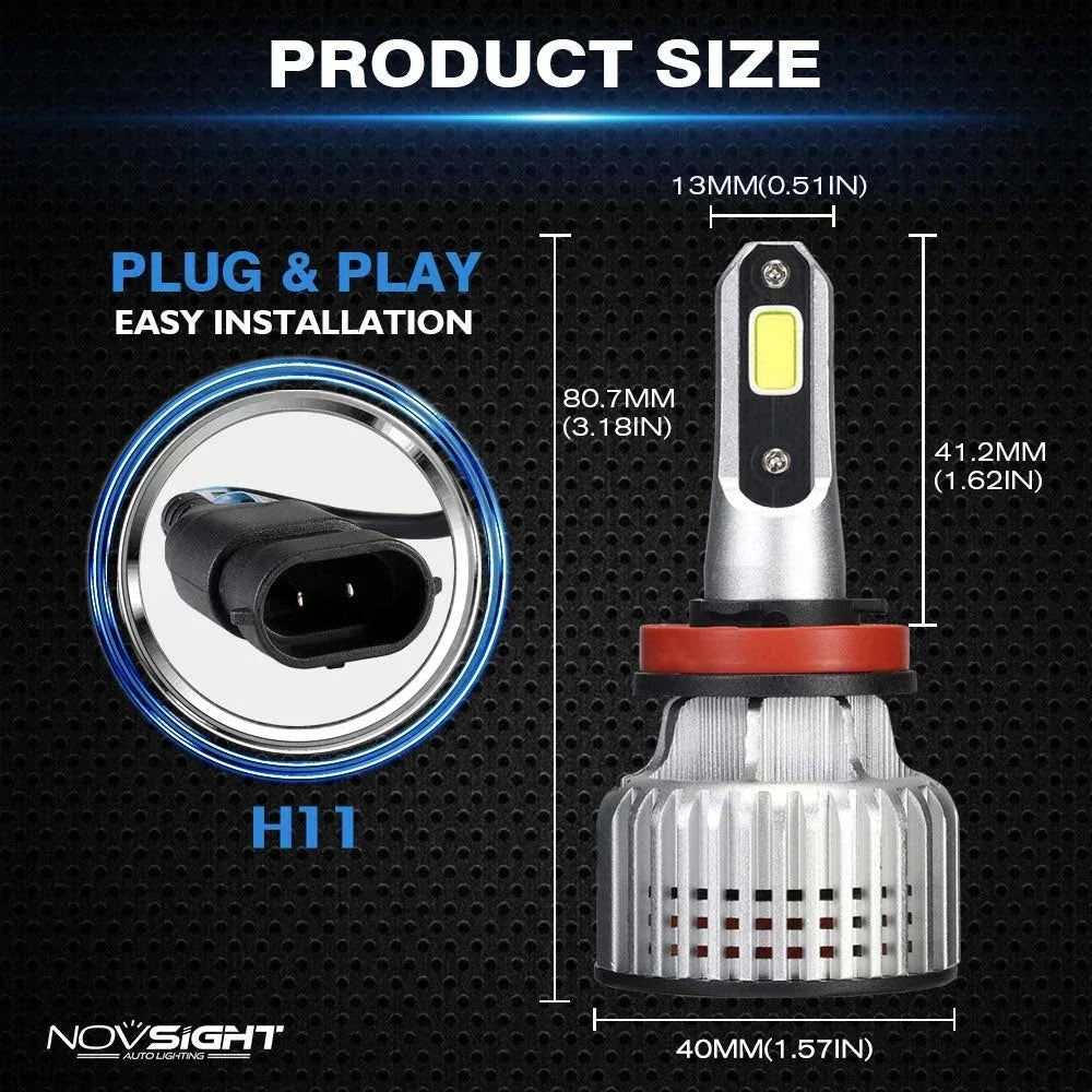 NightEye Novsight H11/H8/H9/H16(JP) led headlight kits (pack of 2)- Bridgelux-cob led chips - 72w 10000 Lumens 6500k white - headlight/fog light conversion kit - Biker.Store - www.biker.store