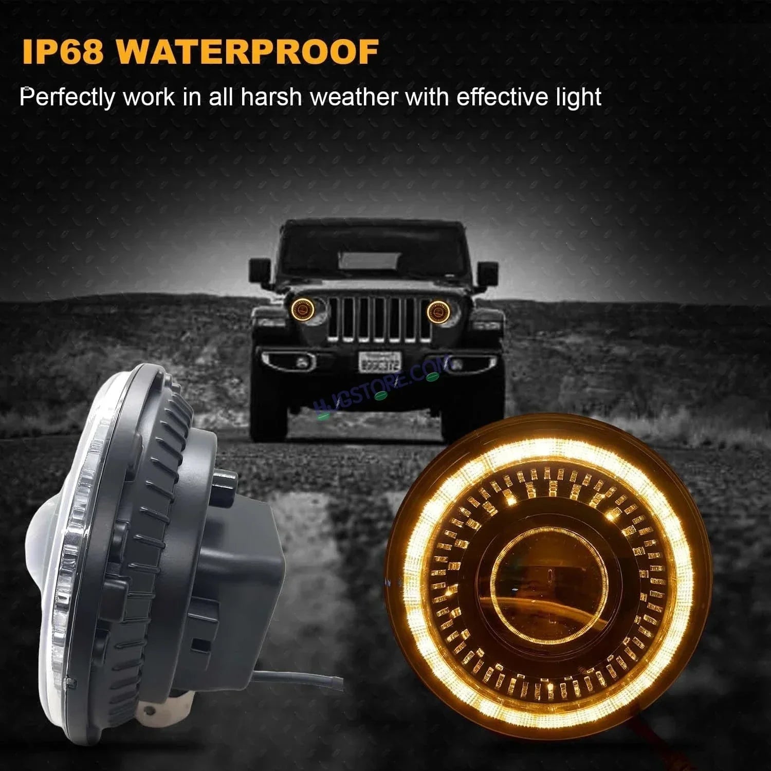 HJG 7 Inch White LED Headlight Chakra V1 Headlight Assembly for Thar Royal Enfield | 75-120W CREE/Osram LED Chip Multi color Compatible with Royal Enfield, Jeep, Thar, Gypsy - Biker.Store - www.biker.store