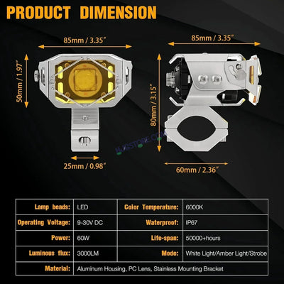 HJG Chrome Transformer Foglight 140W LED Projector with Wiring Kit Slider Yellow Cap Wide Spread White/Yellow 140W 2pc Foglight Ultra Wide Dual Intensity LED Driving Fog Lights 3000K/6500K Universal For All Cars & Bikes, Pack of 2 with Wiring Harness Kit - Biker.Store - www.biker.store