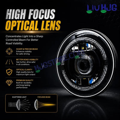 HJG C-199 Halo Ring 7 Inch Headlight Assembly White Amber 7 Inch Headlight Assembly 108W Projector Ultra Wide C-199 White LED Headlight New Projector Headlight Assembly | 108W CREE/Osram LED Chip Multi DRL Compatible with Royal Enfield, Jeep, Thar, Gypsy - HJGstore.com