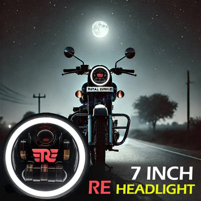 HJG 7 Inch RE Logo White LED Headlight New Model RE Logo Headlight Assembly for Royal Enfield | 75-90W CREE/Osram LED Chip Multi color Compatible with Royal Enfield, Jeep, Thar, Gypsy - Biker.Store - www.biker.store
