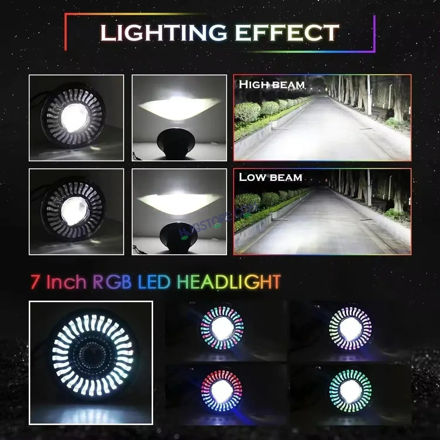 HJG 7 Inch RGB LED Headlight Chakra Headlight Assembly for Thar Royal Enfield | 75-120W CREE/Osram LED Chip Multi color Compatible with Royal Enfield, Jeep, Thar, Gypsy - Biker.Store - www.biker.store