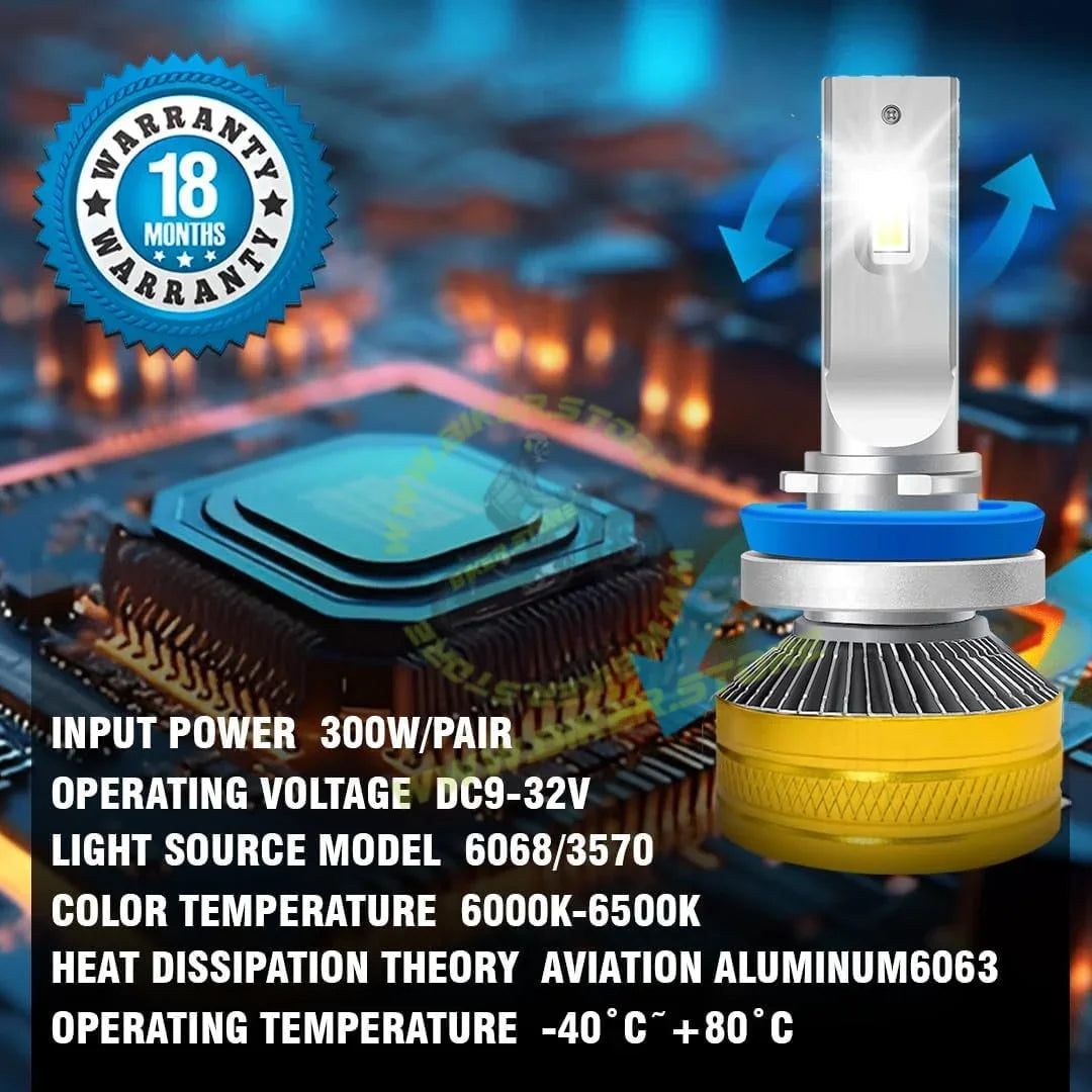 MOTO GENIUS Super Bright 300W LED Headlight Conversion Kit for Cars & Motorbikes | H8 Bulbs | Waterproof Steel & Aluminium Design | High-Performance, Energy-Efficient (Pack of 2) - Biker.Store - www.biker.store