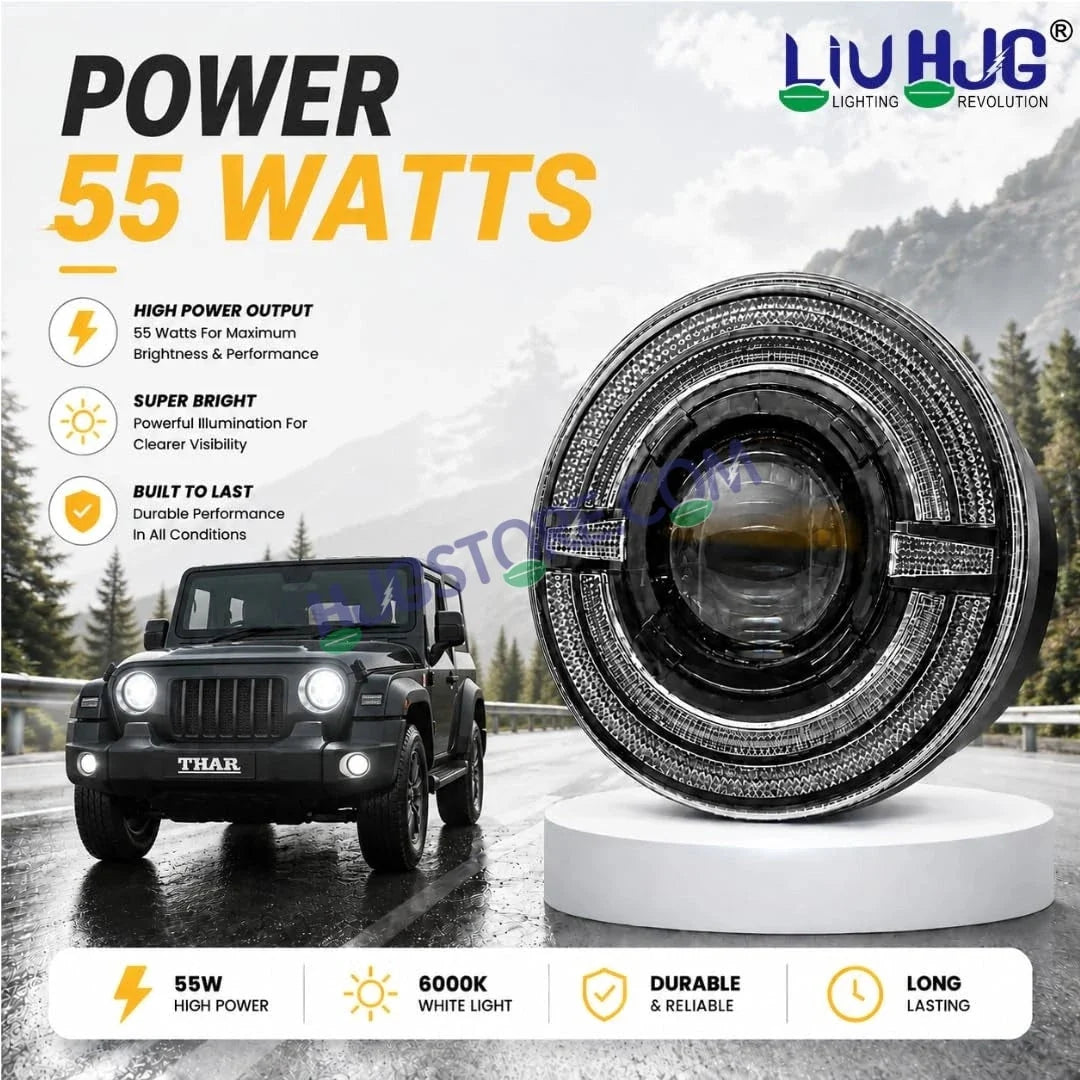 HJG C-319 Red Devil White Amber Halo Ring 7 Inch Headlight Assembly 93W Projector Ultra Wide Halo Ring C-319 White LED Headlight New Projector Headlight Assembly | 93W CREE/Osram LED Chip Multi DRL Compatible with Royal Enfield, Jeep, Thar, Gypsy - HJGstore.com