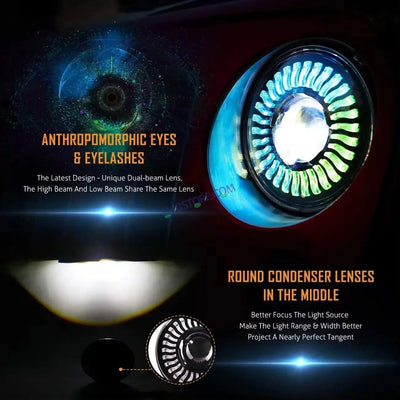 HJG 7 Inch White LED Headlight Chakra Headlight Assembly for Thar Royal Enfield | 75-120W CREE/Osram LED Chip Multi color Compatible with Royal Enfield, Jeep, Thar, Gypsy - Biker.Store - www.biker.store