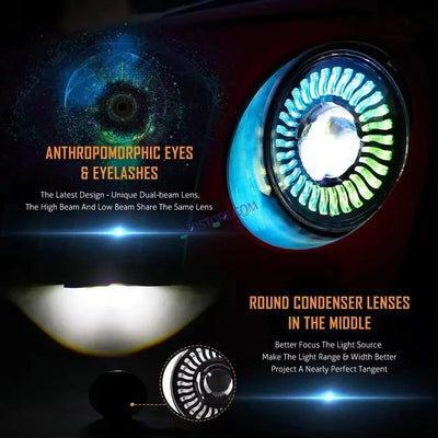 HJG 7 Inch RGB LED Headlight Chakra Headlight Assembly for Thar Royal Enfield | 75-120W CREE/Osram LED Chip Multi color Compatible with Royal Enfield, Jeep, Thar, Gypsy - Biker.Store - www.biker.store