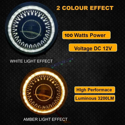 HJG 7 Inch White LED Headlight Chakra V1 Headlight Assembly for Thar Royal Enfield | 75-120W CREE/Osram LED Chip Multi color Compatible with Royal Enfield, Jeep, Thar, Gypsy - Biker.Store - www.biker.store