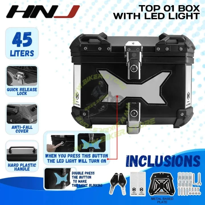 HJG 45L Aluminium Motorcycle Top Box with X-Shaped Red LED Tail Light – Waterproof, Universal Fit & Lockable - Top Box - 45Ltr (Black :- Aluminium) LIU HJG Top Box with X LED Light - Biker.Store - www.biker.store