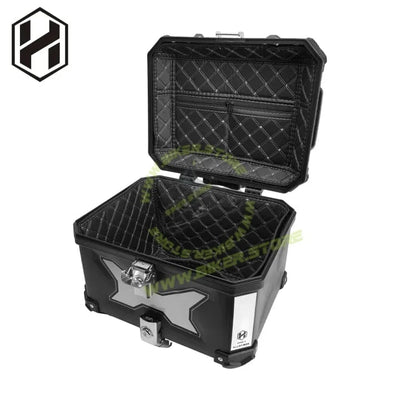HJG 45L Aluminium Motorcycle Top Box with X-Shaped Red LED Tail Light – Waterproof, Universal Fit & Lockable - Top Box - 45Ltr (Black :- Aluminium) LIU HJG Top Box with X LED Light - Biker.Store - www.biker.store
