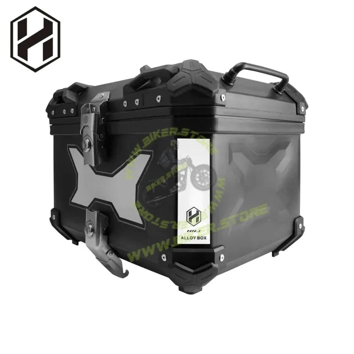HJG 45L Aluminium Motorcycle Top Box with X-Shaped Red LED Tail Light – Waterproof, Universal Fit & Lockable - Top Box - 45Ltr (Black :- Aluminium) LIU HJG Top Box with X LED Light - Biker.Store - www.biker.store