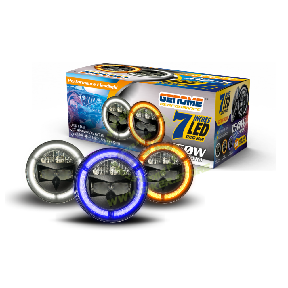 Genome 150W 7 Inch Headlight Assembly Performance Edition (With Blue Welcome Light). Pack of 2 - Biker.Store - www.biker.store