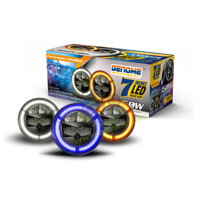 Genome 150W 7 Inch Headlight Assembly Performance Edition (With Blue Welcome Light). Pack of 2 - Biker.Store - www.biker.store