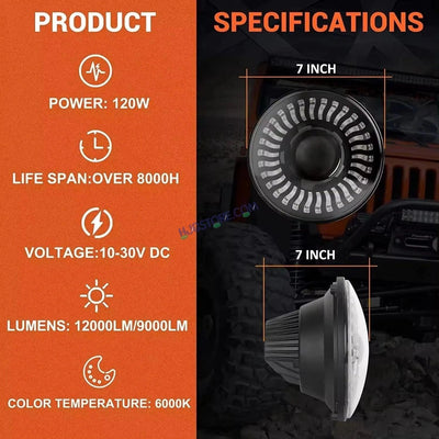 HJG 7 Inch RGB LED Headlight Assembly | 75-120W CREE/Osram | Multicolor Compatible with Royal Enfield, Jeep, Thar, Gypsy - Biker.Store - www.biker.store
