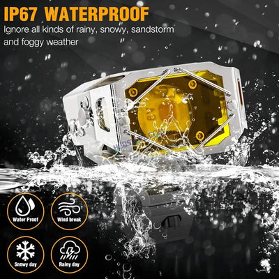 HJG Chrome Transformer Foglight 140W LED Projector with Wiring Kit Slider Yellow Cap Wide Spread White/Yellow 140W 2pc Foglight Ultra Wide Dual Intensity LED Driving Fog Lights 3000K/6500K Universal For All Cars & Bikes, Pack of 2 with Wiring Harness Kit - Biker.Store - www.biker.store
