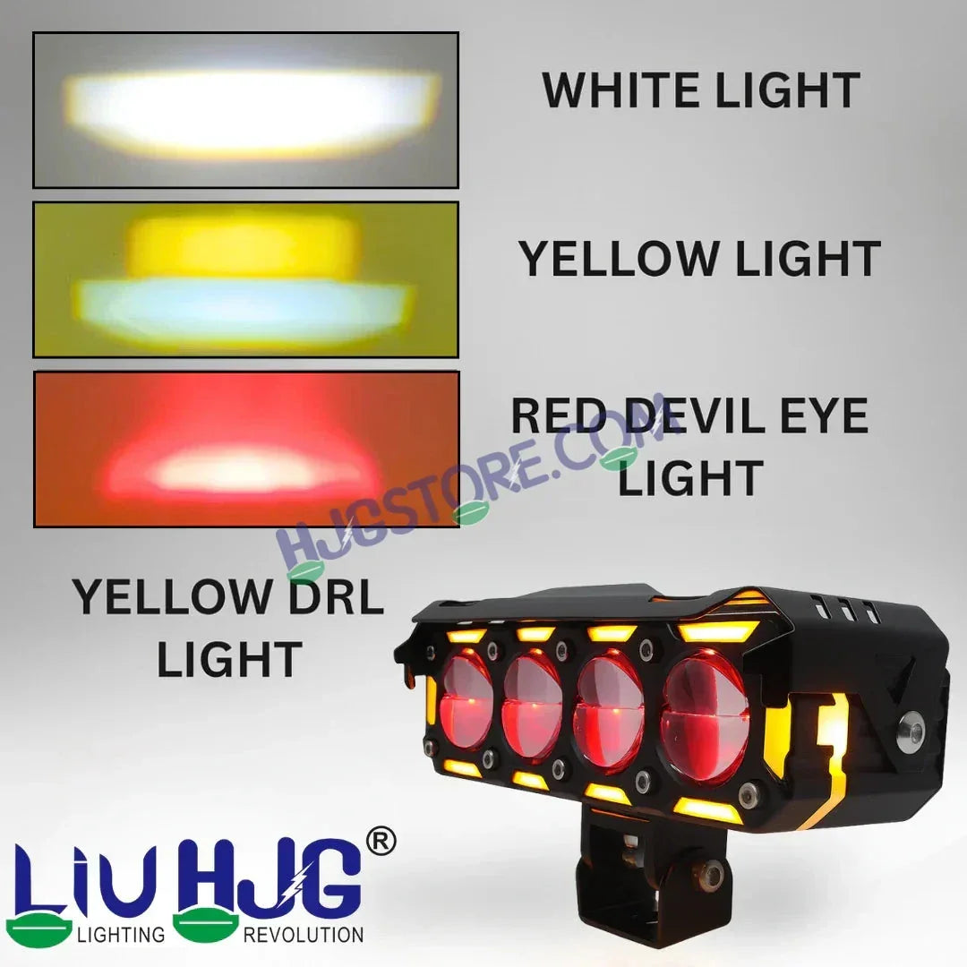 HJG New 300W Future Eyes Ring DRL 4 LED Projector Foglight with Wiring Harness Kit Red DRL/Amber Ring/White/Yellow Light 300W Foglight Ultra Wide Dual Intensity LED Driving Fog Lights Universal For All Cars & Bikes LIU HJG Ring 4 Lens Fog with Wiring Kit - Biker.Store - www.biker.store