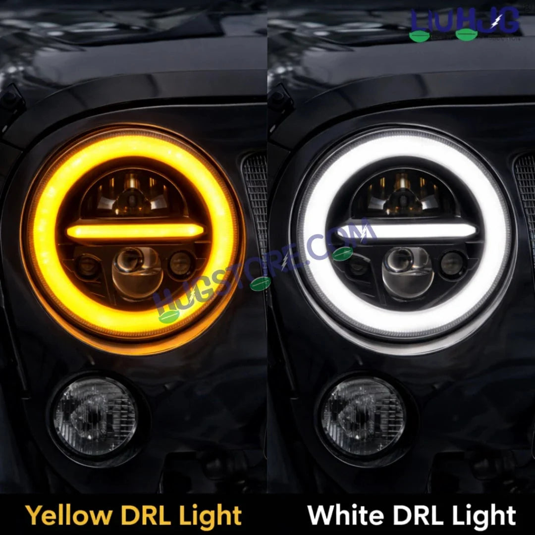 HJG Minus Tri Projector Lens 7 Inch Headlight DRL 107W Projector Ultra Wide 7 Inch Headlight Assembly New Model Projector Headlight Assembly for Royal Enfield Thar | 107W CREE/Osram LED Chip White/Yellow Compatible with Royal Enfield, Jeep, Thar, Gypsy - Biker.Store - www.biker.store