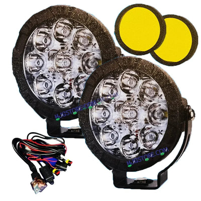 HJG New 9 LED 180W Round CREE Foglight Foglamp with Yellow Cover 180W 9 LED HJG 180W 9 LED Car Accessories Led Headlights Lights Led Fog Lights For Motorcycle Car SUV Lights, Set of 2 with Wiring Harness Kit HJG 9 LED Round 180W - Biker.Store - www.biker.store