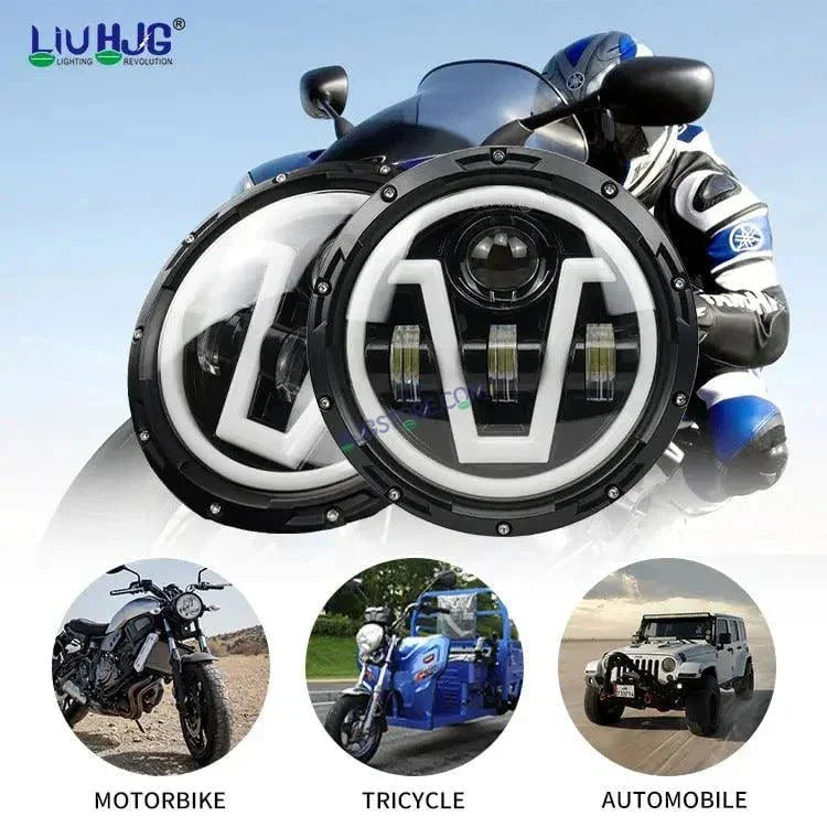 HJG 7 Inch Led Headlight Assembly Halo Lights Dual Color Yellow White 7 Inch Round Motorcycle Lights For Jeeps Universal Car Compatible with Royal Enfield, Jeep & Harley Davidson U - Biker.Store - www.biker.store
