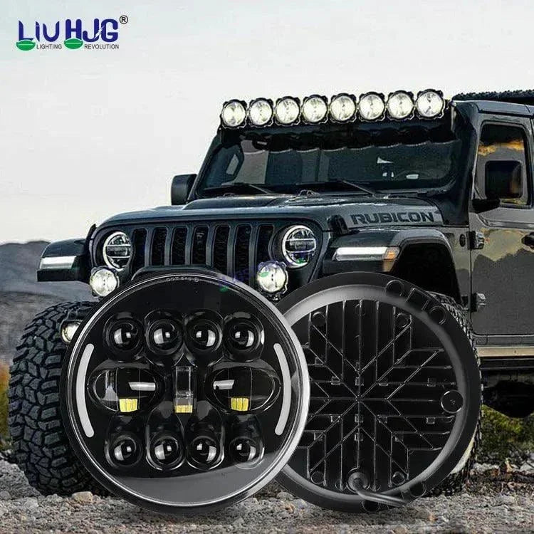 HJG 7 Inch Led Headlight Halo Lights Dual Color Yellow White 90w 7 Inch Round Motorcycle Lights For Jeeps Universal Car Compatible with Royal Enfield, Jeep & Harley Davidson 231050 - Biker.Store - www.biker.store