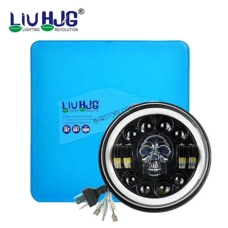HJG 7 Inch Led Headlight Halo Lights Dual Color Yellow White 30w 7 Inch Round Motorcycle Lights For Jeeps Universal Car Compatible with Royal Enfield, Jeep & Harley Davidson (Harley Boss Headlight) Skull - Biker.Store - www.biker.store