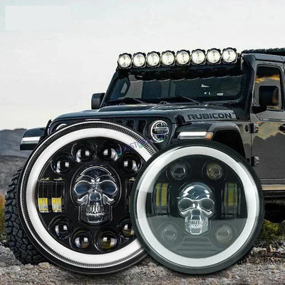 HJG 7 Inch Led Headlight Halo Lights Dual Color Yellow White 30w 7 Inch Round Motorcycle Lights For Jeeps Universal Car Compatible with Royal Enfield, Jeep & Harley Davidson (Harley Boss Headlight) Skull 2 HJG - Biker.Store - www.biker.store