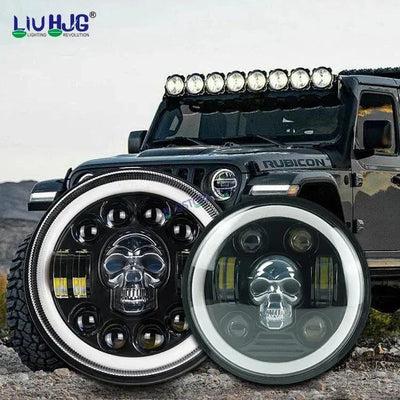 HJG 7 Inch Led Headlight Halo Lights Dual Color Yellow White 30w 7 Inch Round Motorcycle Lights For Jeeps Universal Car Compatible with Royal Enfield, Jeep & Harley Davidson (Harley Boss Headlight) Skull - Biker.Store - www.biker.store