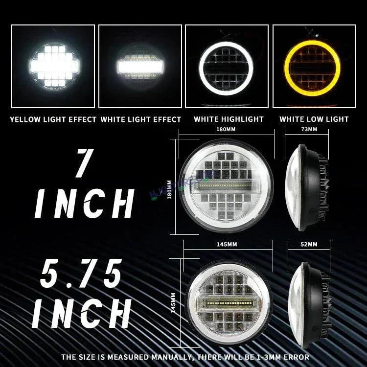 HJG 7 Inch Led Headlight Assembly Halo Lights Dual Color Yellow White 7 Inch Round Motorcycle Lights For Jeeps Universal Car Compatible with Royal Enfield, Jeep & Harley Davidson Diamond - Biker.Store - www.biker.store