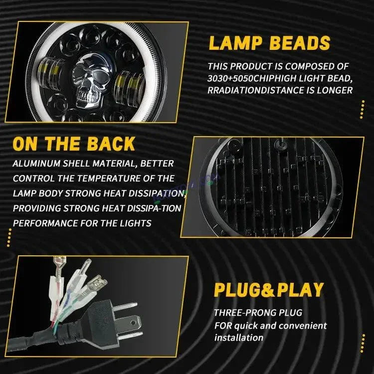 HJG 7 Inch Led Headlight Halo Lights Dual Color Yellow White 30w 7 Inch Round Motorcycle Lights For Jeeps Universal Car Compatible with Royal Enfield, Jeep & Harley Davidson (Harley Boss Headlight) Skull - Biker.Store - www.biker.store