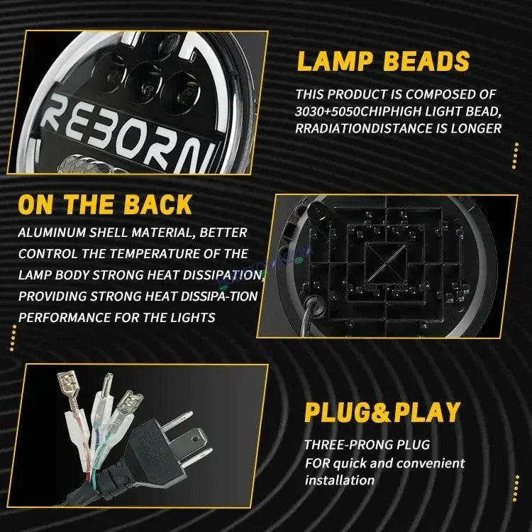 HJG 7 Inch Led Headlight Halo Lights Dual Color Yellow White 90w 7 Inch Round Motorcycle Lights For Jeeps Universal Car Compatible with Royal Enfield, Jeep & Harley Davidson HJG Reborn - Biker.Store - www.biker.store