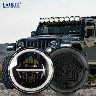 HJG 7 Inch 75W Minus New Model 75W Low Beam 110W Hi Beam LED Headlight Assembly White 7 Inch Round Motorcycle Lights For Jeeps Universal Car Compatible with Royal Enfield, Jeep & Harley Davidson LIU HJG New Box Minus 7 Inch - Biker.Store - www.biker.store