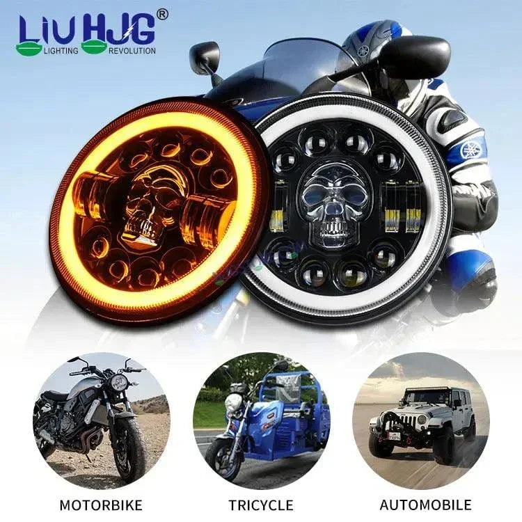 HJG 7 Inch Led Headlight Halo Lights Dual Color Yellow White 30w 7 Inch Round Motorcycle Lights For Jeeps Universal Car Compatible with Royal Enfield, Jeep & Harley Davidson (Harley Boss Headlight) Skull - Biker.Store - www.biker.store