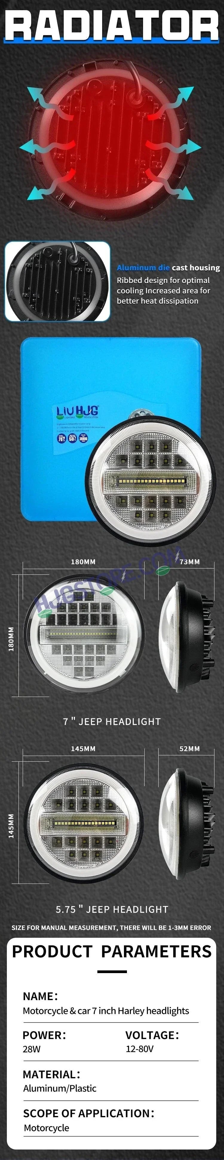 HJG 7 Inch Led Headlight Assembly Halo Lights Dual Color Yellow White 7 Inch Round Motorcycle Lights For Jeeps Universal Car Compatible with Royal Enfield, Jeep & Harley Davidson Diamond - Biker.Store - www.biker.store