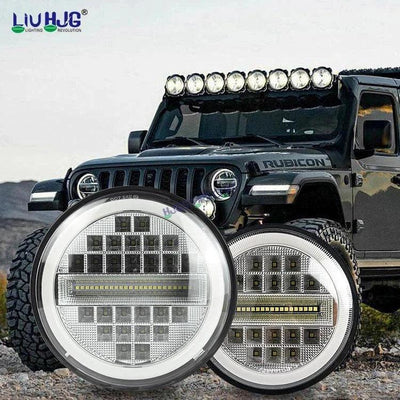 HJG 7 Inch Led Headlight Assembly Halo Lights Dual Color Yellow White 7 Inch Round Motorcycle Lights For Jeeps Universal Car Compatible with Royal Enfield, Jeep & Harley Davidson Diamond - Biker.Store - www.biker.store