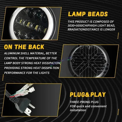 HJG 7 Inch Fashion Design Hi/lo Beam Black Round 7" Headlight 60w H4 Led Headlamp 7inch Drl Led Headlight 231045 HJG - Biker.Store - www.biker.store