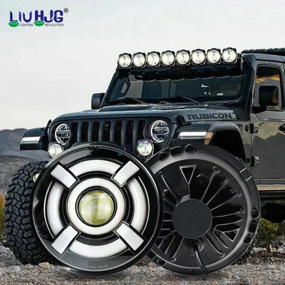 HJG 7 Inch Led Headlight Halo Lights Dual Color Yellow White 90w 7 Inch Round Motorcycle Lights For Jeeps Universal Car Compatible with Royal Enfield, Jeep & Harley Davidson 2 HJG - Biker.Store - www.biker.store