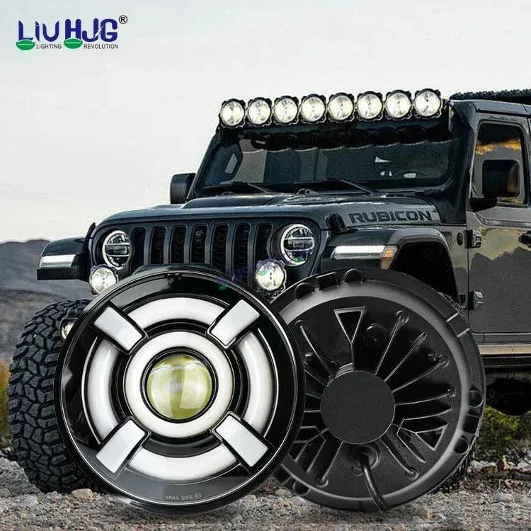 HJG 7 Inch Led Headlight Halo Lights Dual Color Yellow White 90w 7 Inch Round Motorcycle Lights For Jeeps Universal Car Compatible with Royal Enfield, Jeep & Harley Davidson 2 HJG - Biker.Store - www.biker.store