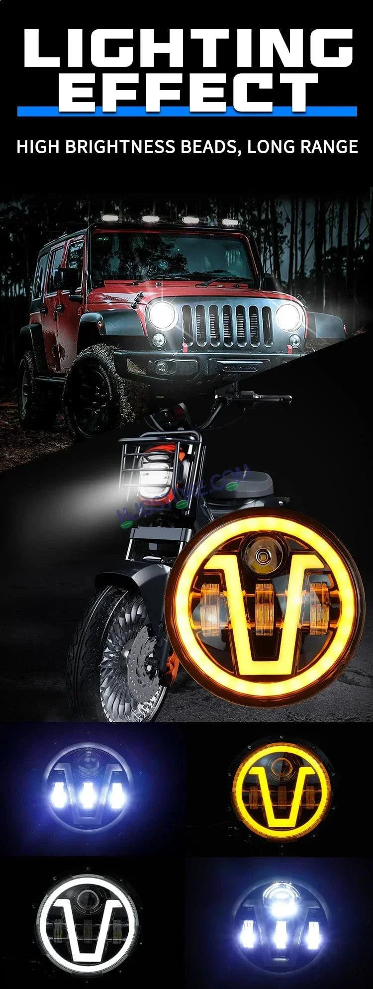 HJG 7 Inch Led Headlight Assembly Halo Lights Dual Color Yellow White 7 Inch Round Motorcycle Lights For Jeeps Universal Car Compatible with Royal Enfield, Jeep & Harley Davidson U - Biker.Store - www.biker.store