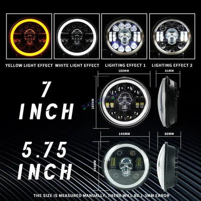 HJG 7 Inch Led Headlight Halo Lights Dual Color Yellow White 30w 7 Inch Round Motorcycle Lights For Jeeps Universal Car Compatible with Royal Enfield, Jeep & Harley Davidson (Harley Boss Headlight) Skull 2 HJG - Biker.Store - www.biker.store